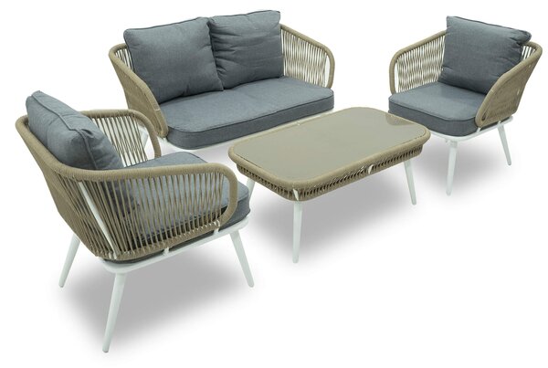 Set Salotto da Giardino in Alluminio e Corda Divano 2 Poltrone e Tavolino Vega