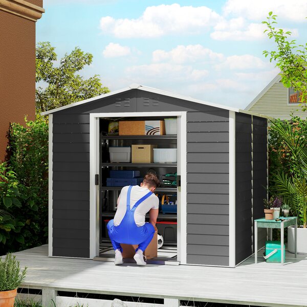 Outsunny Casetta da Giardino con Porte doppie bloccabili, Capanno per attrezzi in metallo, 2,40 x 2,06 x 1,98 m, Grigio scuro | Aosom Italy
