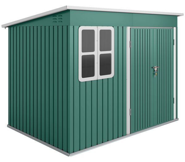 Outsunny Casetta da giardino con finestra e porta larga, tetto a due falde Capanno per attrezzi in acciaio, 260x177x190 cm, Verde | Aosom Italy