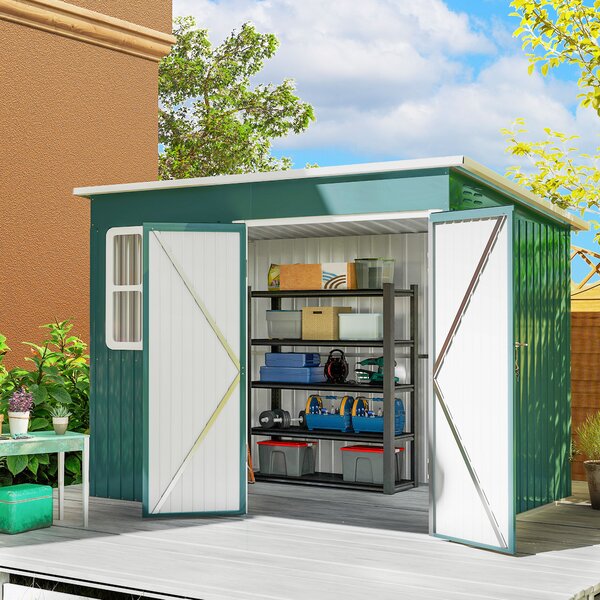 Outsunny Casetta da giardino con finestra e porta larga, tetto a due falde Capanno per attrezzi in acciaio, 260x177x190 cm, Verde | Aosom Italy