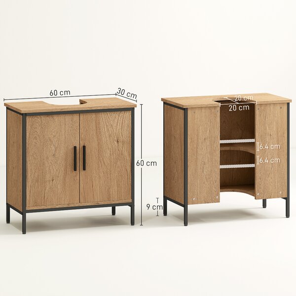 HOMCOM Mobile sottolavabo, mobile bagno con 2 ante e ripiano regolabile, stile moderno, 60 x 30 x 60 cm, rovere | Aosom Italy