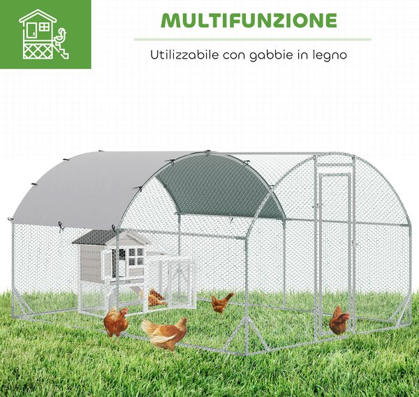 PawHut Recinto per Galline in Metallo Galvanizzato con Tetto e Copertura Anti UV, 280x380x197 cm, Argento | Aosom Italy