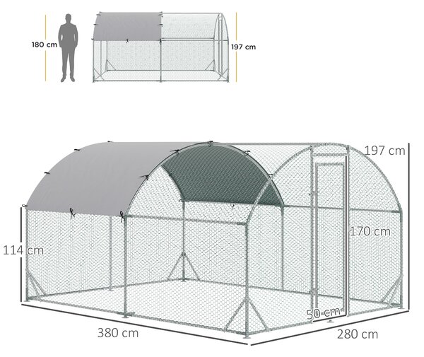 PawHut Recinto per Galline in Metallo Galvanizzato con Tetto e Copertura Anti UV, 280x380x197 cm, Argento | Aosom Italy