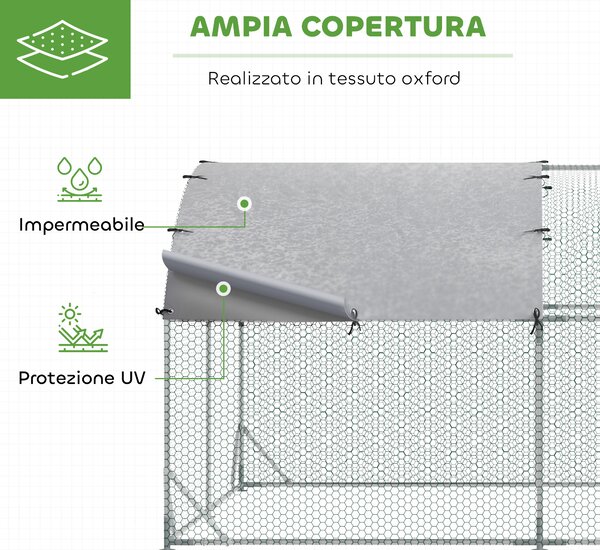 PawHut Recinto per Galline in Metallo Galvanizzato con Tetto e Copertura Anti UV, 280x380x197 cm, Argento | Aosom Italy