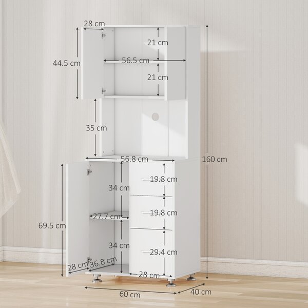 HOMCOM Buffet alto cucina, armadio da cucina con 3 porte, 3 cassetti e piano di lavoro, 60 x 40 x 160 cm, bianco | Aosom Italy