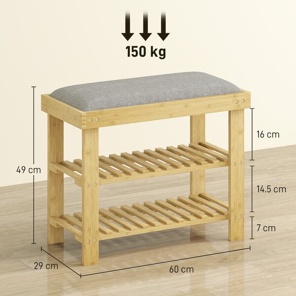 HOMCOM Panca porta scarpe con seduta, panca in bambù con spazio contenitivo, 2 scomparti aperti, panca 60 x 29 x 49 cm Grigio | Aosom Italy