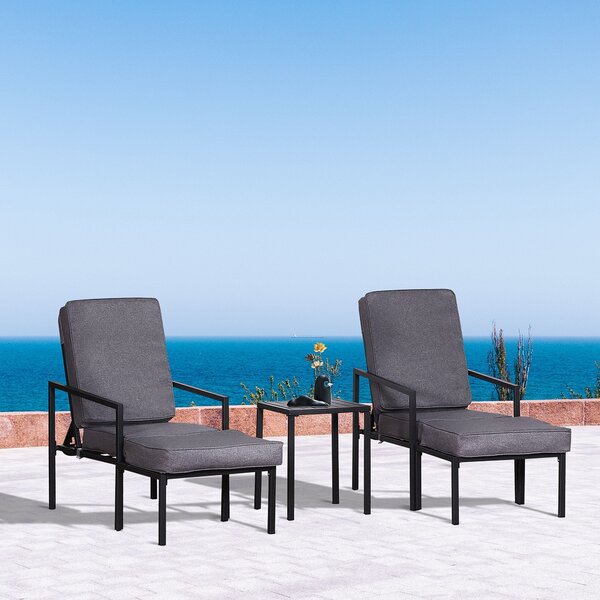 Set Salotto da Giardino in Metallo e Poliestere 2 Sedie 2 Pouf e Tavolino Grigio e Nero