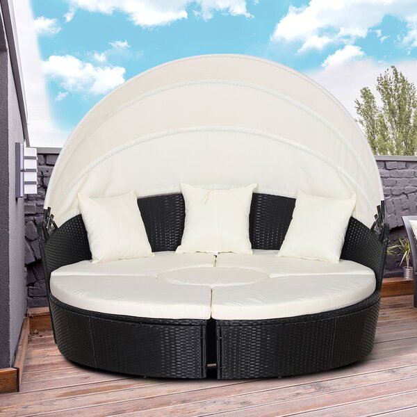 Set Salotto da Giardino in Rattan Divano Circolare con Tettuccio Nero e Beige