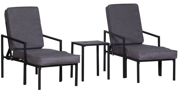 Set Salotto da Giardino in Metallo e Poliestere 2 Sedie 2 Pouf e Tavolino Grigio e Nero
