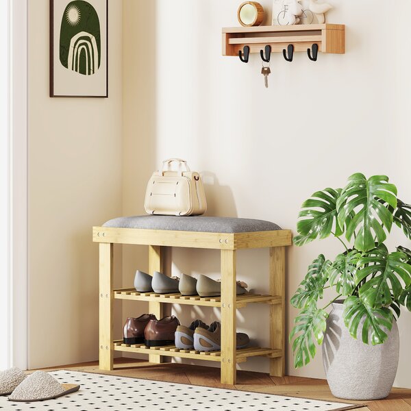 HOMCOM Panca porta scarpe con seduta, panca in bambù con spazio contenitivo, 2 scomparti aperti, panca 60 x 29 x 49 cm Grigio | Aosom Italy