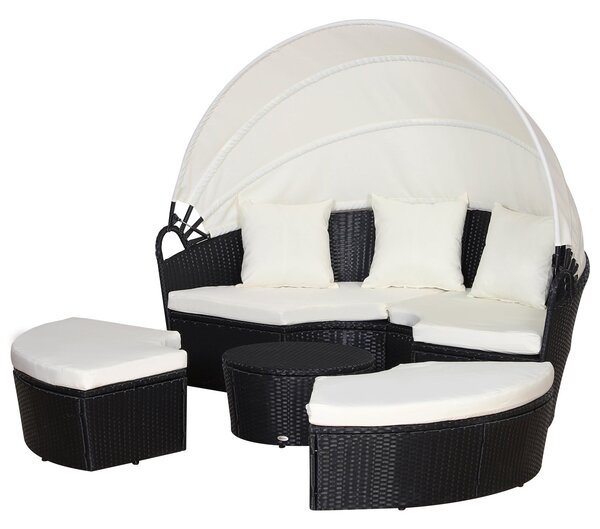 Set Salotto da Giardino in Rattan Divano Circolare con Tettuccio Nero e Beige
