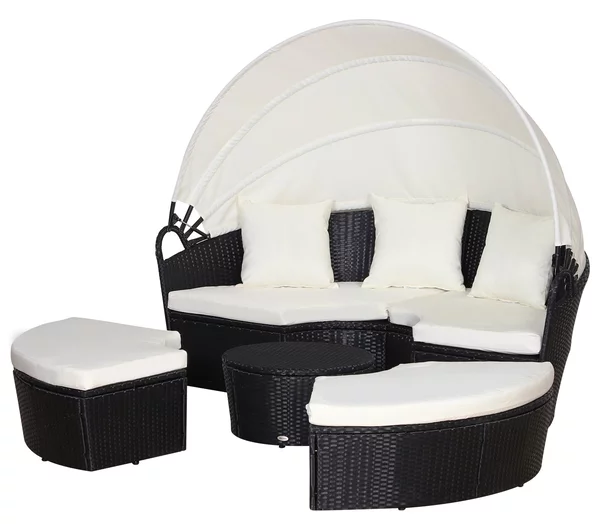 Set Salotto da Giardino in Rattan Divano Circolare con Tettuccio Nero e Beige