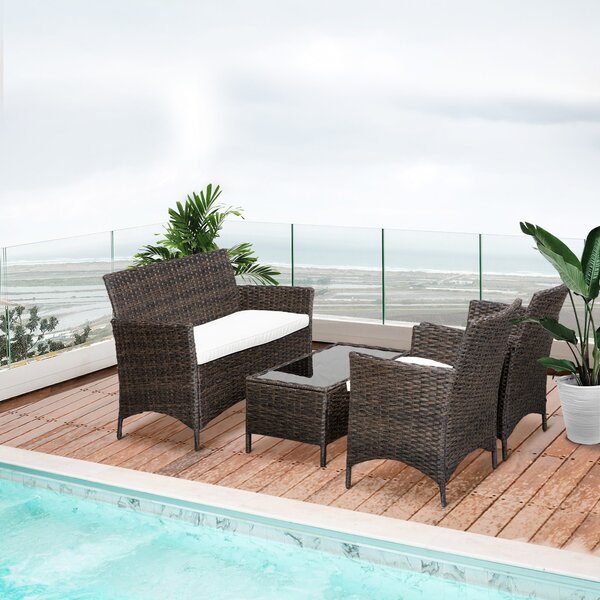 Set Salotto da Giardino in Rattan Divano 2 Poltrone e Tavolo Contenitore Nero e Bianco