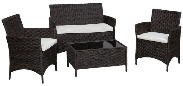 Set Salotto da Giardino in Rattan Divano 2 Poltrone e Tavolo Contenitore Nero e Bianco