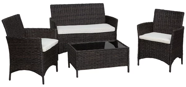 Set Salotto da Giardino in Rattan Divano 2 Poltrone e Tavolo Contenitore Nero e Bianco