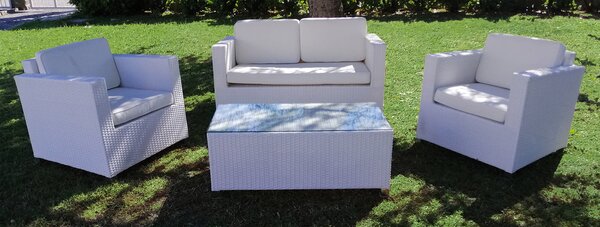 Set da Giardino Divano Poltrone e Tavolino in Polyrattan Morel Venezia Bianco