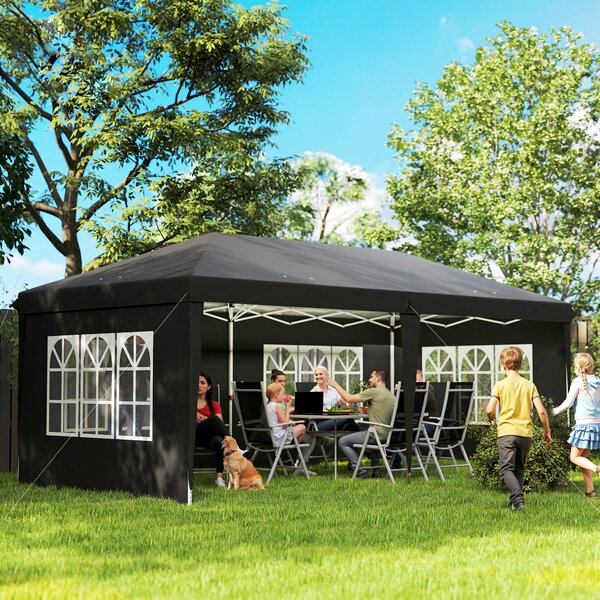 Outsunny Gazebo ca. 3x6 m Impermeabile Pop-up Gazebo Pieghevole con 4 Pareti, Finestre Protezione UV Sacca per il Trasporto Nero | Aosom Italy