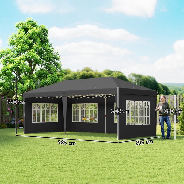 Outsunny Gazebo ca. 3x6 m Impermeabile Pop-up Gazebo Pieghevole con 4 Pareti, Finestre Protezione UV Sacca per il Trasporto Nero | Aosom Italy