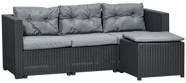 Set da Giardino Divano 3 Posti e Poggiapiedi in Rattan PE Nero e Grigio
