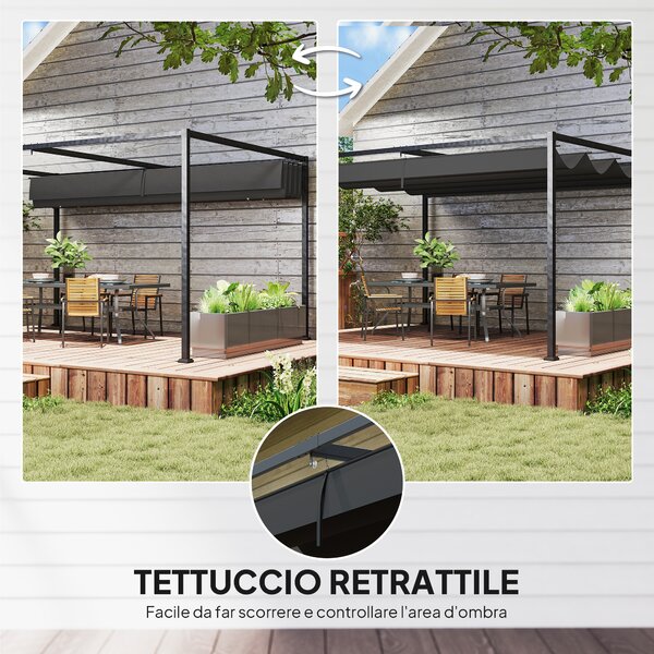 Outsunny Pergola Gazebo da Esterno con Tettuccio Retrattile in Metallo e Poliestere, 3x2.1 m, Nero | Aosom Italy