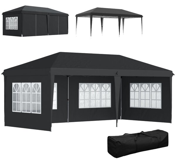 Outsunny Gazebo ca. 3x6 m Impermeabile Pop-up Gazebo Pieghevole con 4 Pareti, Finestre Protezione UV Sacca per il Trasporto Nero | Aosom Italy