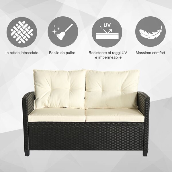 Set Salotto da Giardino Divano 2 Poltrone e Tavolino in Rattan Nero e Crema