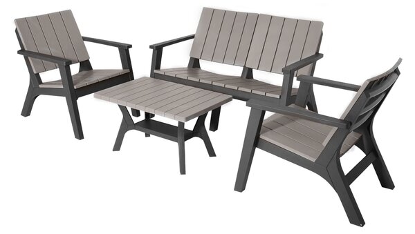 Set Salotto da Giardino Divano 2 Poltrone e Tavolino in Polipropilene Grigio