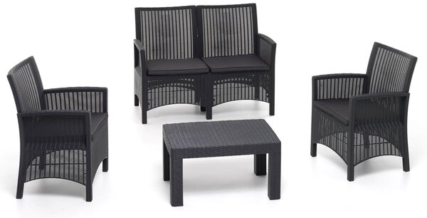 Set Salotto da Giardino Divano 2 Poltrone e Tavolino in Polipropilene Effetto Rattan London Antracite