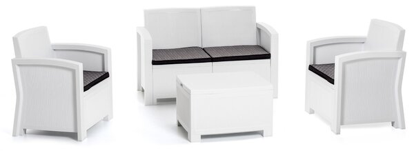 Set Salotto da Giardino Divano 2 Poltrone e Tavolino in Polipropilene Effetto Rattan New York Bianco
