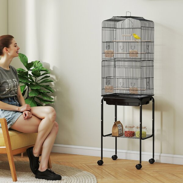 PawHut Gabbia per uccelli su piedistallo voliera su ruote tetto apribile 3 posatoi ripiano inferiore 46,5x36x157cm nero | Aosom Italy