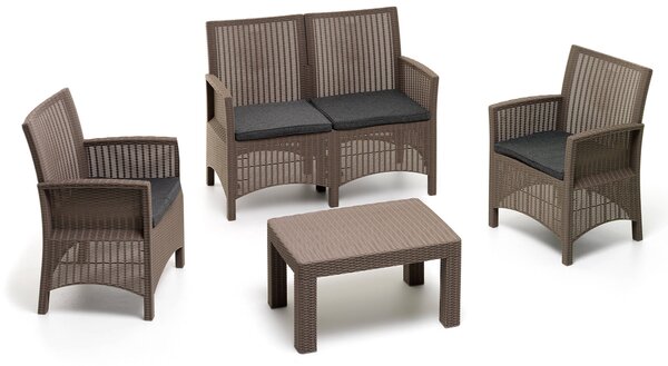 Set Salotto da Giardino Divano 2 Poltrone e Tavolino in Polipropilene Effetto Rattan London Tortora