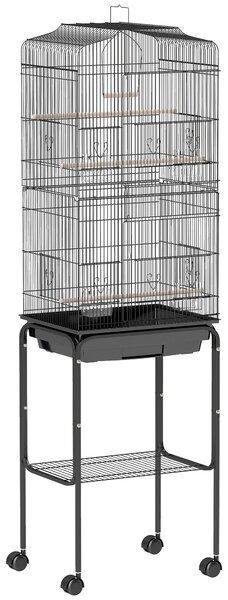 PawHut Gabbia per uccelli su piedistallo voliera su ruote tetto apribile 3 posatoi ripiano inferiore 46,5x36x157cm nero | Aosom Italy
