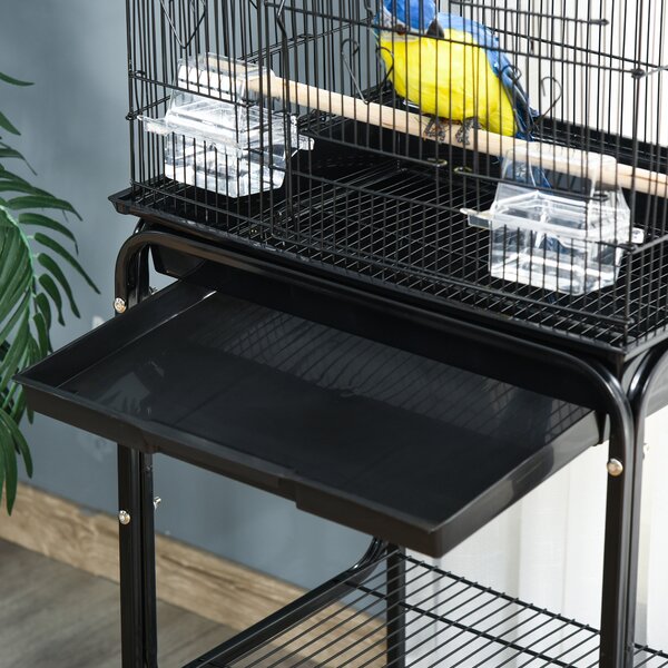 PawHut Gabbia per uccelli su piedistallo voliera su ruote tetto apribile 3 posatoi ripiano inferiore 46,5x36x157cm nero | Aosom Italy