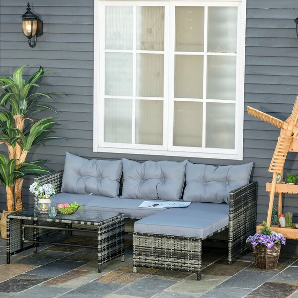 Set Salotto da Giardino Divano con Penisola e Tavolino in Rattan Grigio