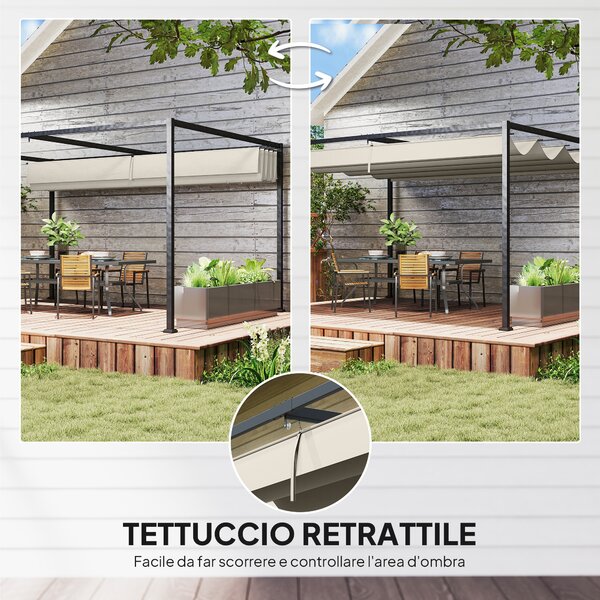 Outsunny Pergola Gazebo da Esterno 3x2 m con Tettuccio Retrattile in Metallo e Poliestere, Crema e Grigio | Aosom Italy