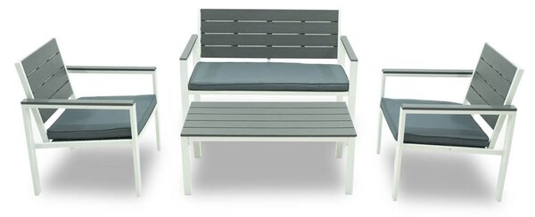 Set Salotto da Giardino Divano 2 Poltrone e Tavolino in Acciaio Mizar Bianco e Grigio