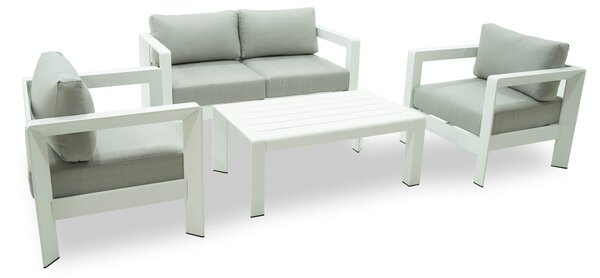 Set Salotto da Giardino Divano 2 Poltrone e Tavolino in Alluminio Estia Bianco