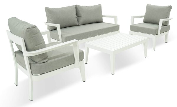 Set Salotto da Giardino Divano 2 Poltrone e Tavolino in Alluminio Estia Bianco