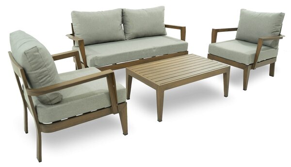 Set Salotto da Giardino Divano 2 Poltrone e Tavolino in Alluminio Estia Legno