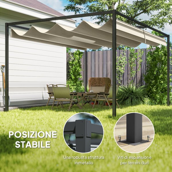 Outsunny Pergola Gazebo da Esterno 3x2 m con Tettuccio Retrattile in Metallo e Poliestere, Crema e Grigio | Aosom Italy