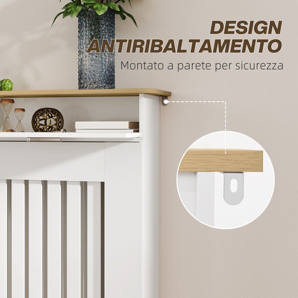 HOMCOM Copritermosifone a Doghe Antiribaltamento con Cassetto Portaoggetti, in Legno, 112x19x97 cm, Bianco
