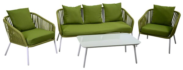 Set Salotto da Giardino Divano 2 Poltrone e Tavolino in Corda Visalia Verde