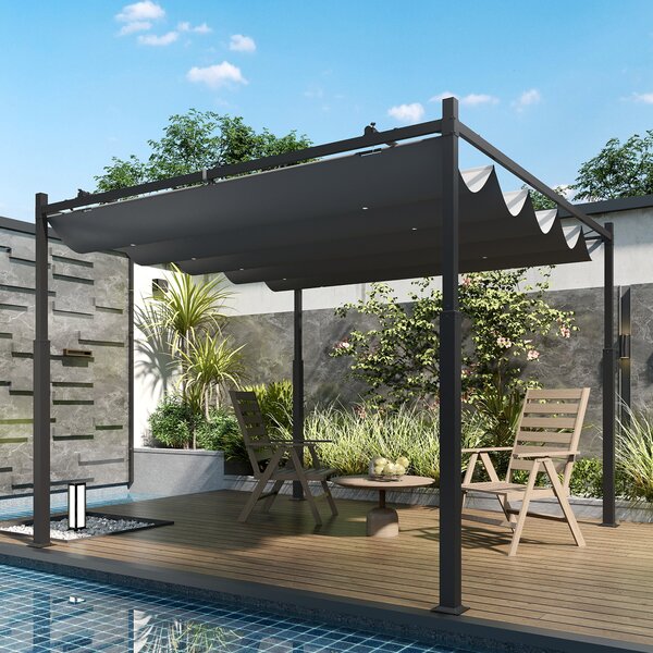 Outsunny Pergola da Giardino 3x3 m con Tetto Retrattile e Accessorio Magnetico Protezione UV30+ Colonne Metalliche e Ganci Grigio | Aosom Italy