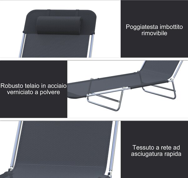 Outsunny Lettino Prendisole Pieghevole con Schienale Reclinabile e Cuscino, 182x56x24.5cm|Aosom