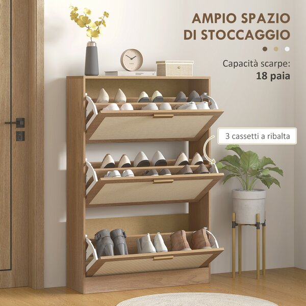 HOMCOM Mobile Scarpiera per 18 Paia di Scarpe con 3 Cassetti Ribaltabili in Legno e Rattan, 80x25x120 cm, Marrone