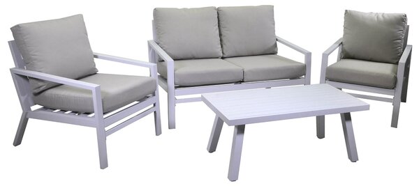 Set Salotto da Giardino Divano 2 Poltrone e Tavolino in Alluminio Cleveland Bianco e Grigio