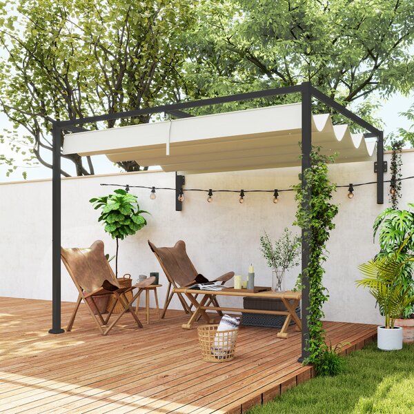 Pergola 3x2 m con Tettuccio Retrattile e Fori di Drenaggio in Acciaio e Poliestere Crema