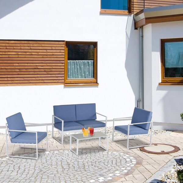 Set Salotto da Giardino Divano 2 Poltrone e Tavolino in Metallo Bianco e Blu