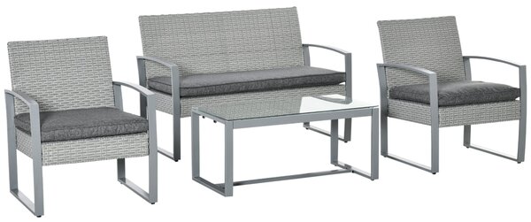 Set Salotto da Giardino Divano 2 Poltrone e Tavolino in Metallo e Rattan Grigio