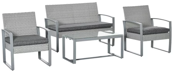 Set Salotto da Giardino Divano 2 Poltrone e Tavolino in Metallo e Rattan Grigio